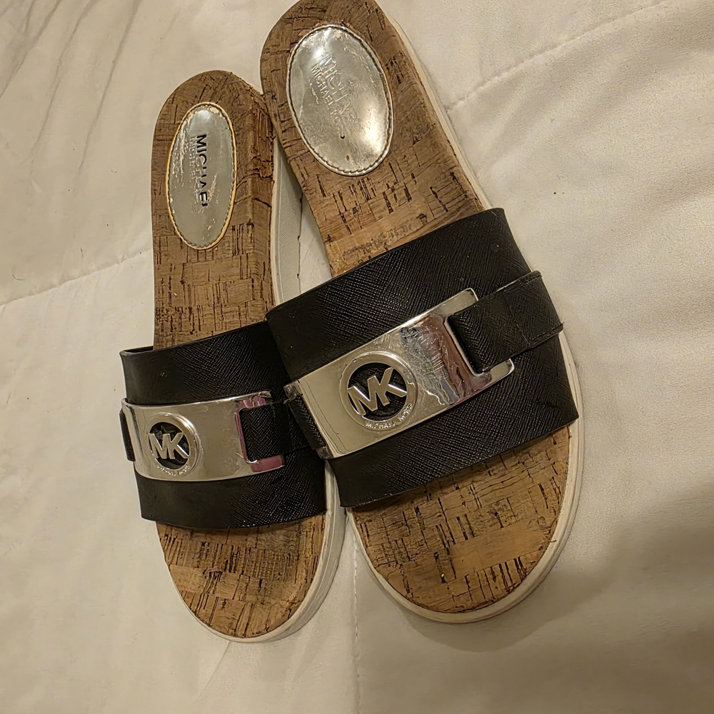 Michael Kors Black Leather Slide Sandals with Silver MK Hardware